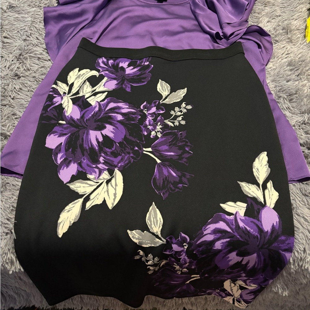 Floral Black and Purple Skirt with purple silk short sleeve shirt combo